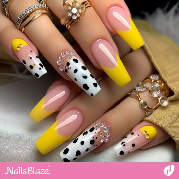 Yellow French Nails with Dalmatian Print Design | Animal Print Nails - NB1968